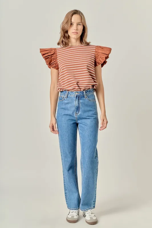 Stripe Knit with Poplin Puff Sleeve Top sold by English Factory