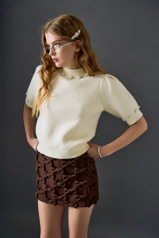 Pearl-Detail Puff Sleeve Knit Top sold by English Factory