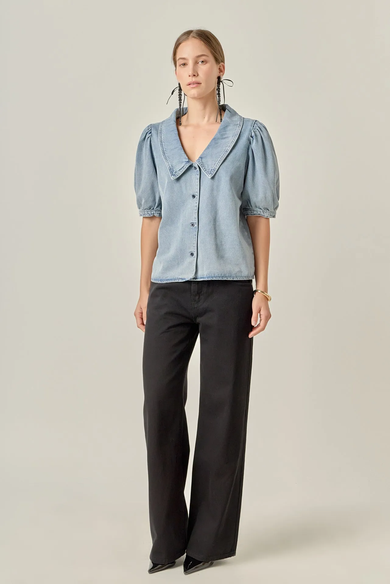 Deep V-Neck Button Up Denim Shirt sold by English Factory product image thumbnail 3