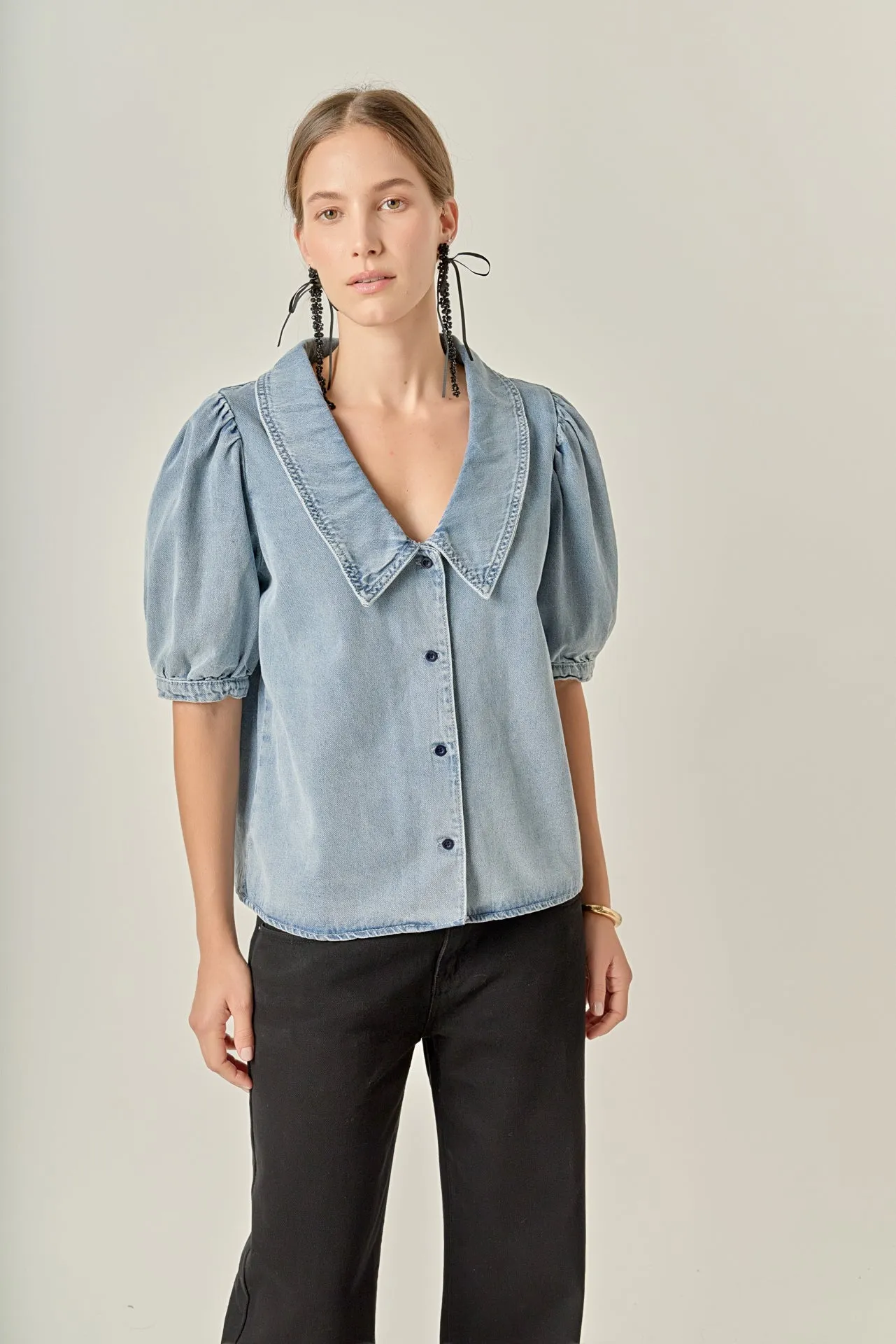 Deep V-Neck Button Up Denim Shirt sold by English Factory product image thumbnail 5