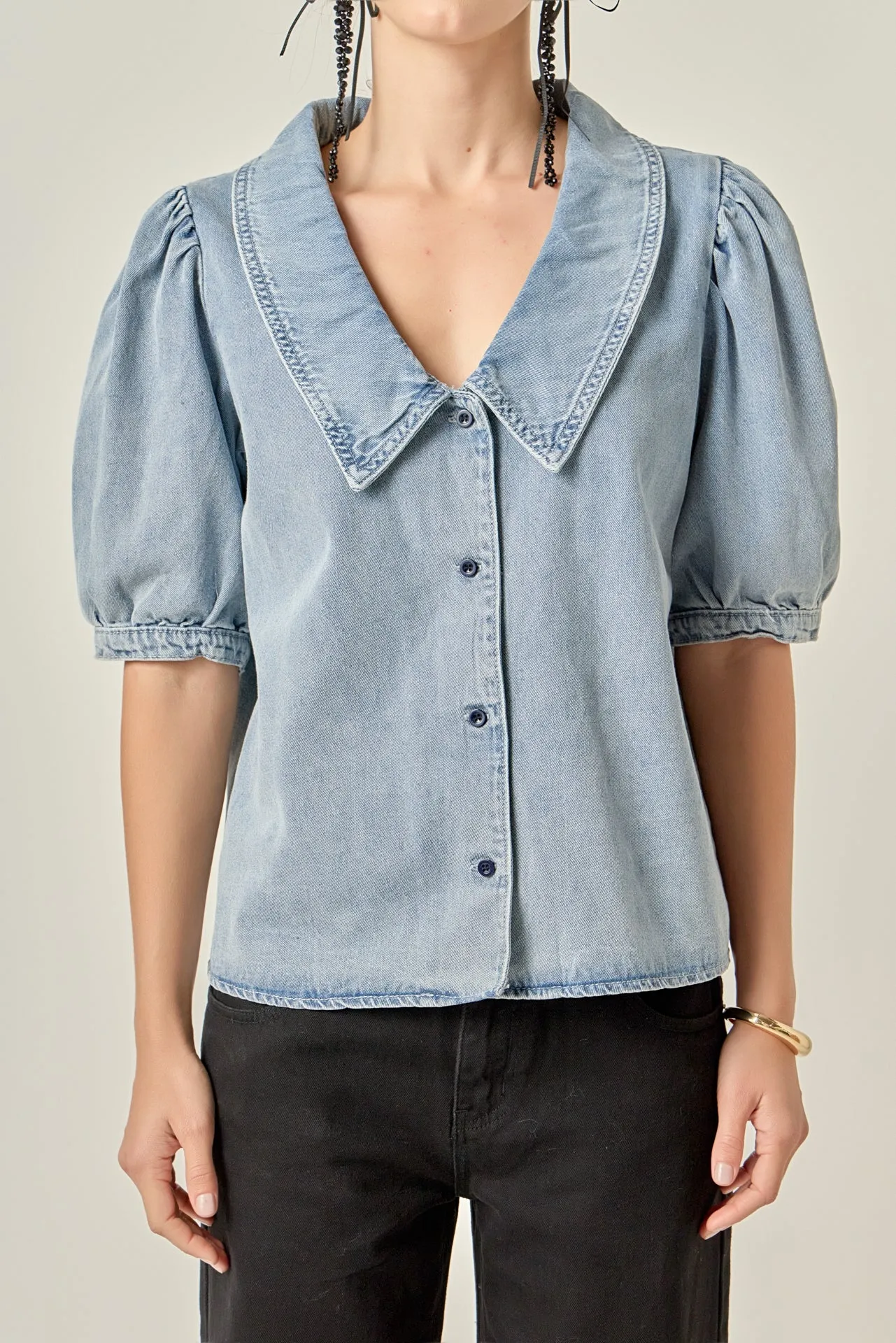 Deep V-Neck Button Up Denim Shirt sold by English Factory product image thumbnail 2