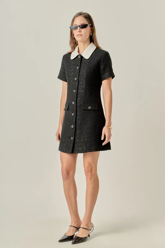 Collar Pointed Tweed Mini Dress sold by English Factory