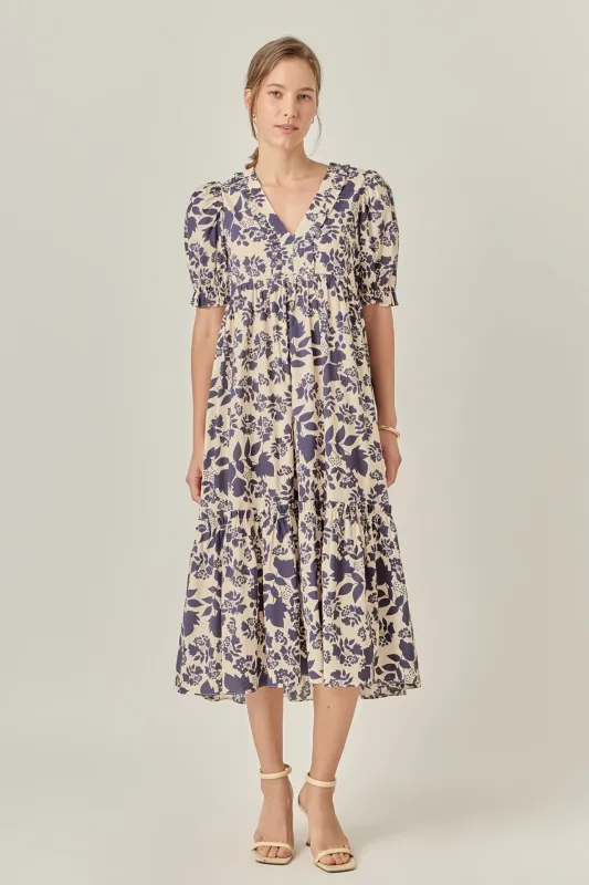 V-Neck Floral Puff Sleeve Tiered Midi Dress made by English Factory
