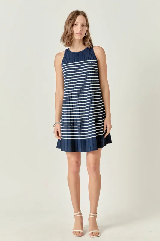 The Clara Pleated A-line Knit Stripe Mini Dress sold by English Factory