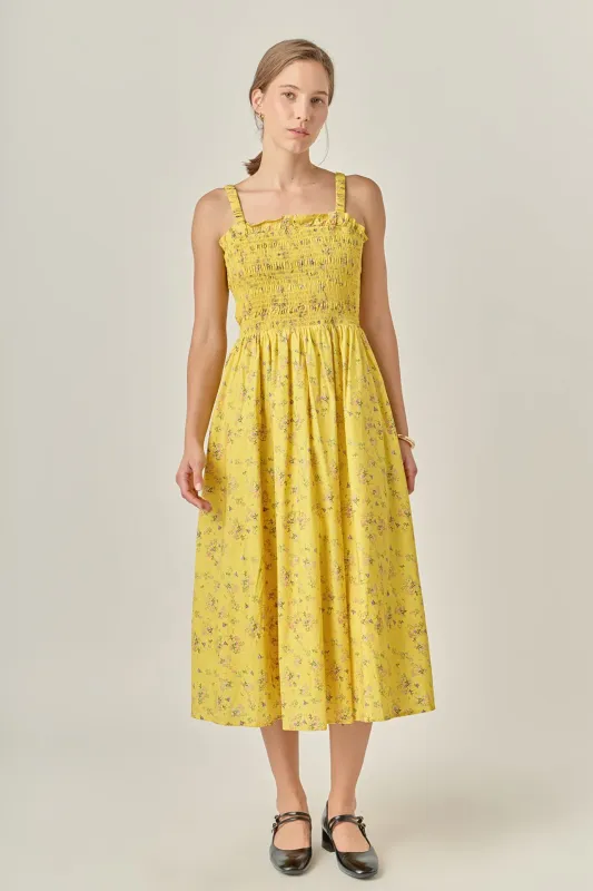 Floral Print Smocked Dress in Yellow sold by English Factory