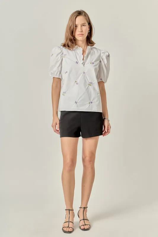 Floral Embroidery V-neck Top sold by English Factory