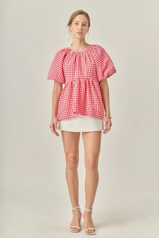 Gingham Neck Shirred Flowy Top sold by English Factory
