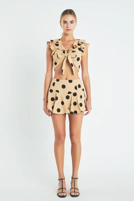 Ruffle Trimmed Cold Shoulder Front Tied Crop Top sold by English Factory