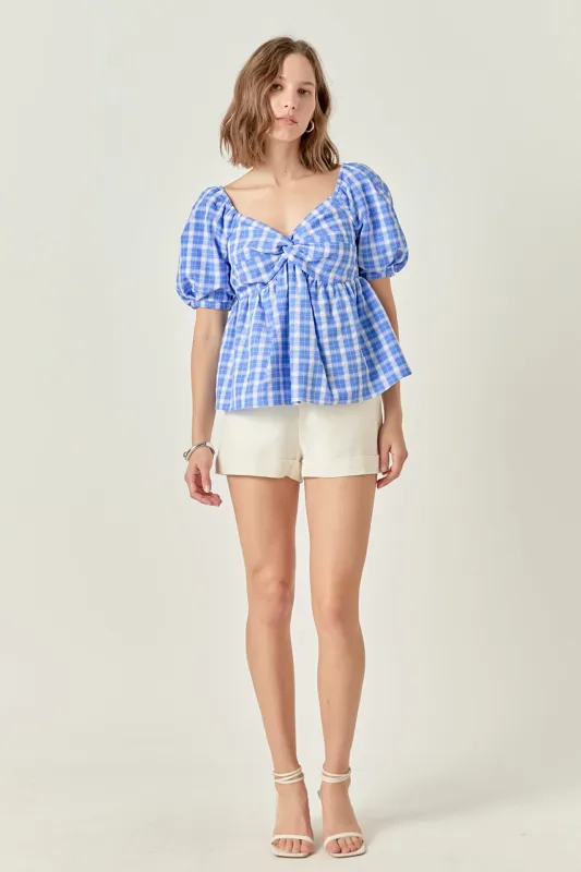 Gingham Twisted Puff Sleeve Top sold by English Factory