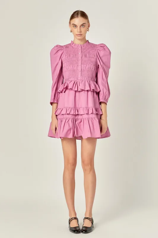Smocking Detail Mini Dress made by English Factory