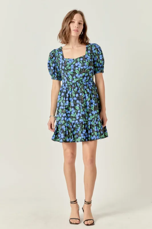 Blueberry Print Mini Dress with Puff Sleeves made by English Factory