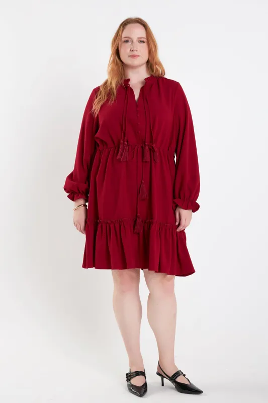 Plus Size Tassel Trim Dress With Ruffled Hem sold by English Factory