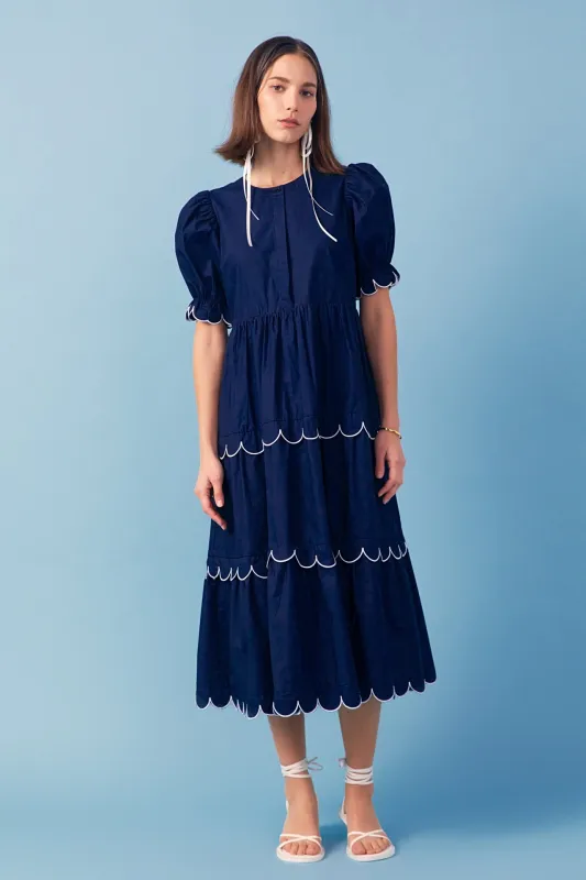 Navy Scalloped Edge Midi Dress made by English Factory