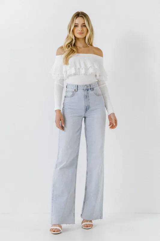 Lace Ruffle Off-The-Shoulder Top sold by English Factory