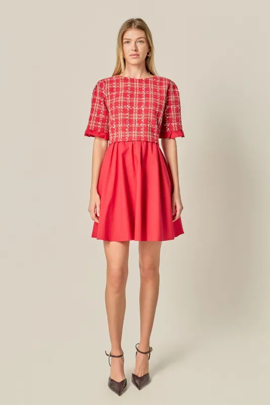 Mixed Media Tweed Mini Dress sold by English Factory