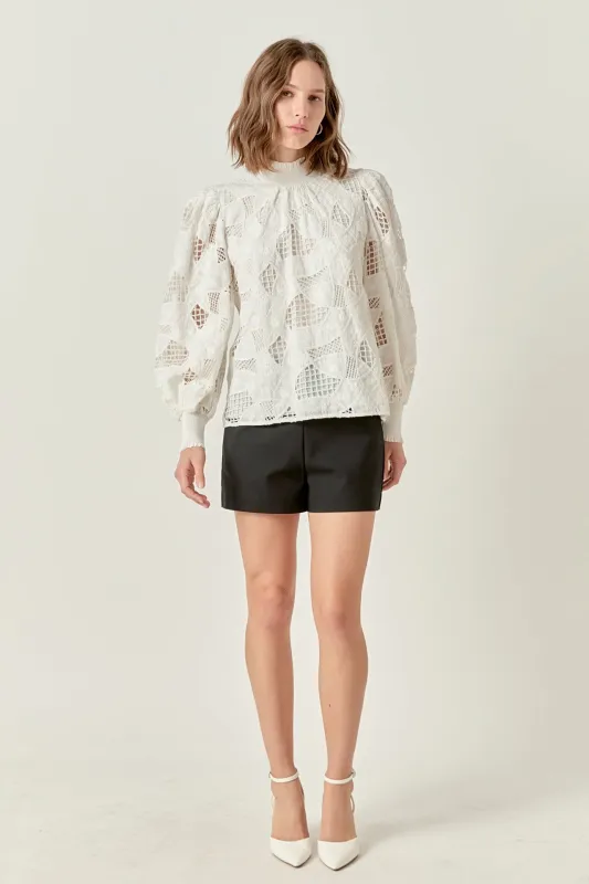 Embroidered Cotton Blouse with Smocked Neck made by English Factory