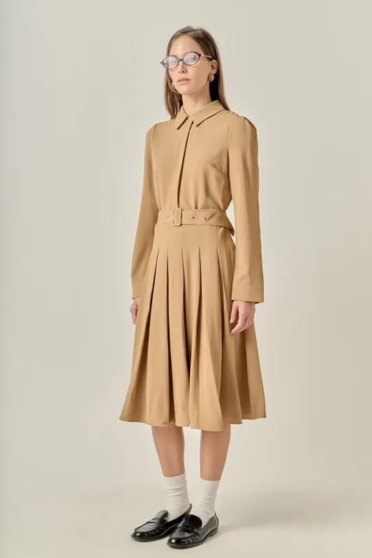 Pleated Collared Long Sleeve Midi Dress sold by English Factory