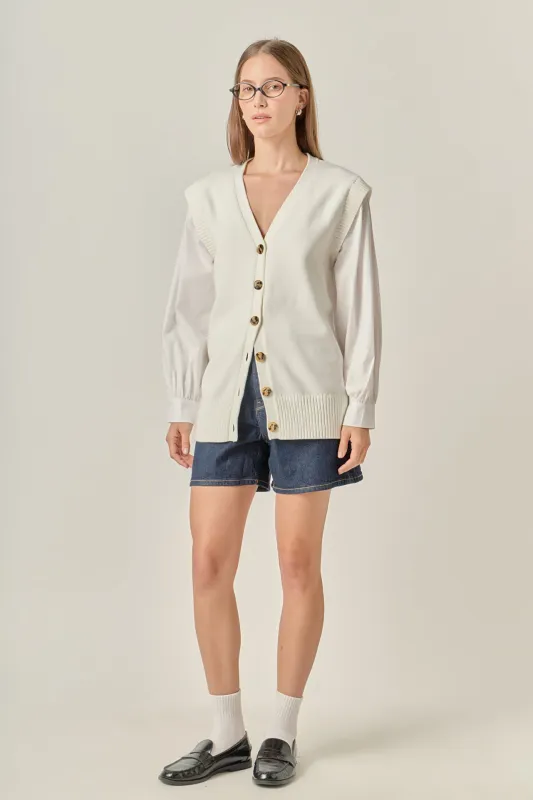 Knit and Poplin Combo Cardigan sold by English Factory