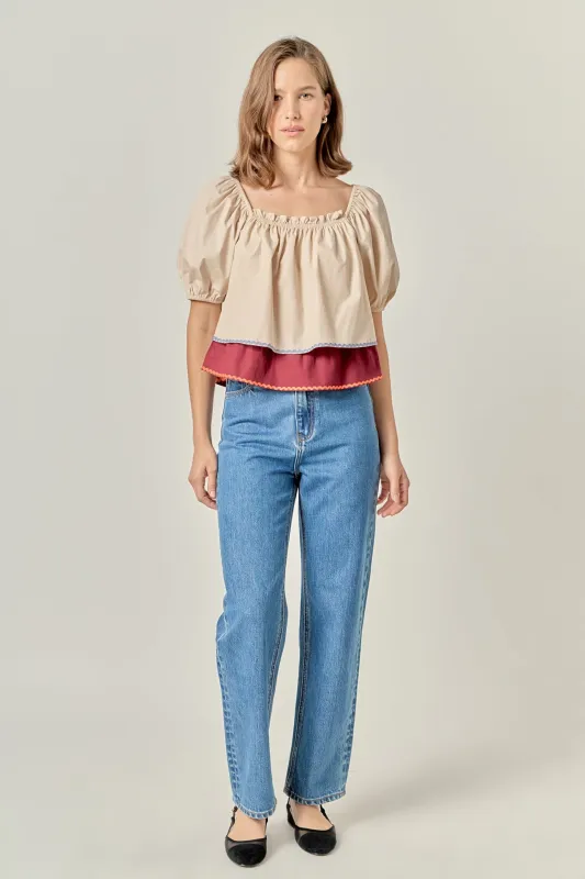 Colorblock Rickrack Trim Puff Sleeve Top sold by English Factory