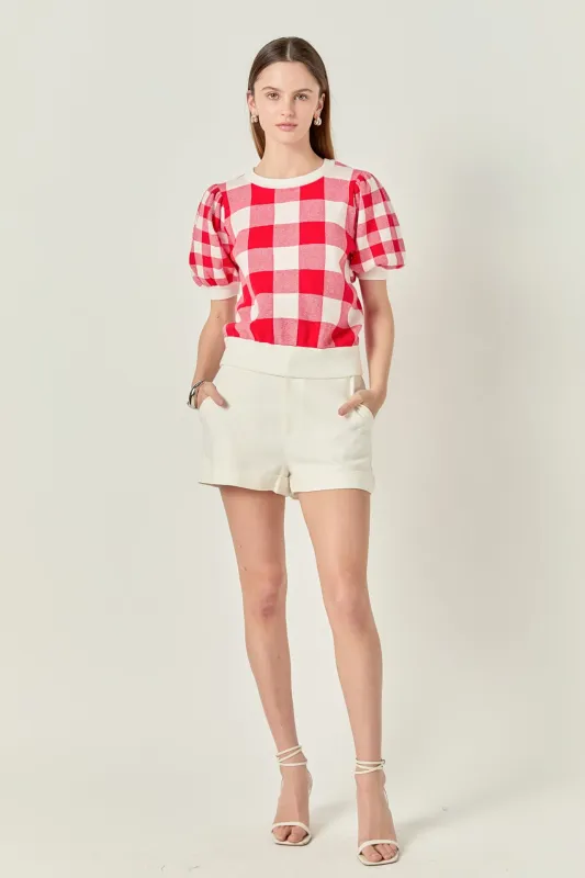 Gingham Puff Sleeve Knit Top sold by English Factory