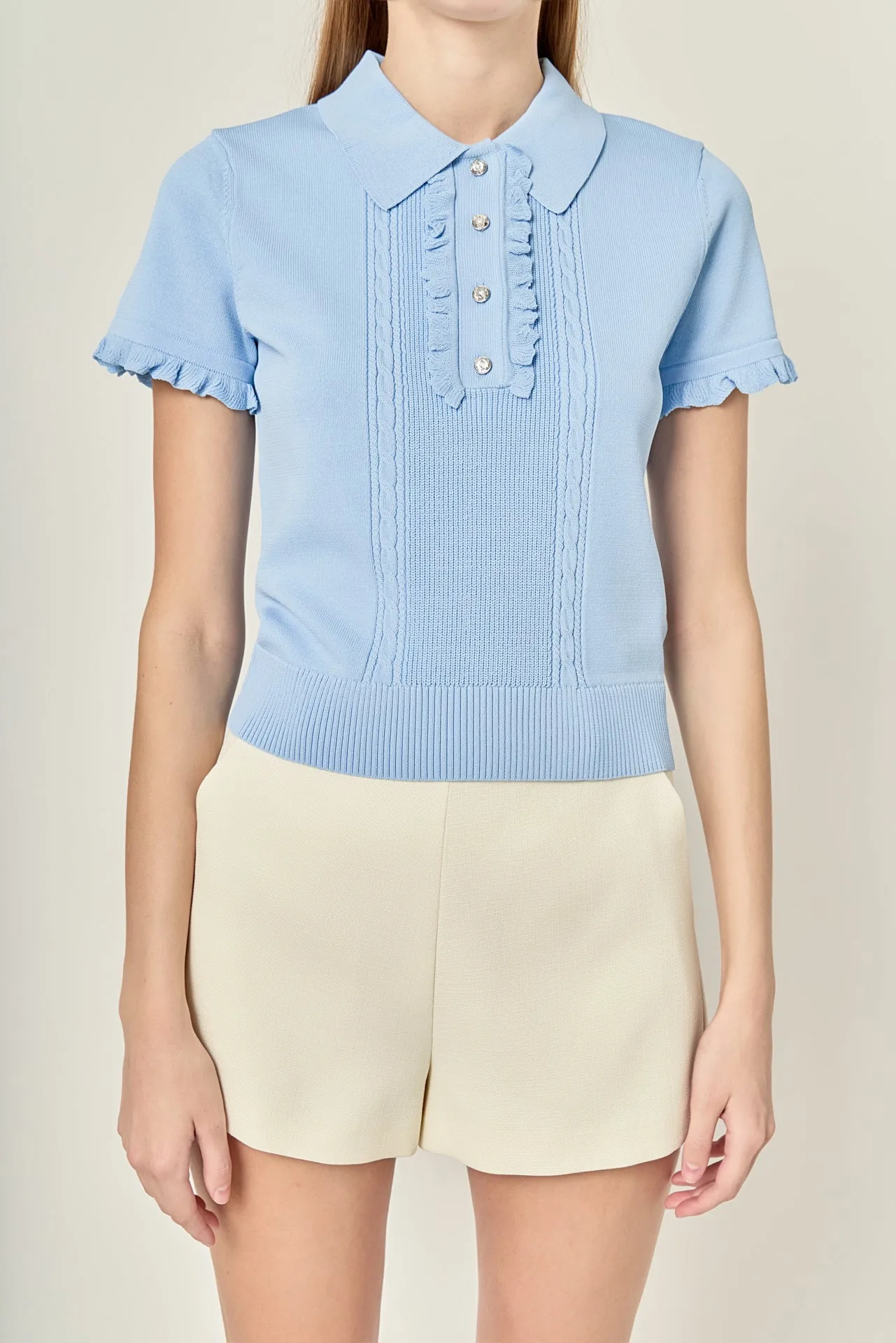 Ruffle Trim Collared Knit Top sold by English Factory product image thumbnail 2