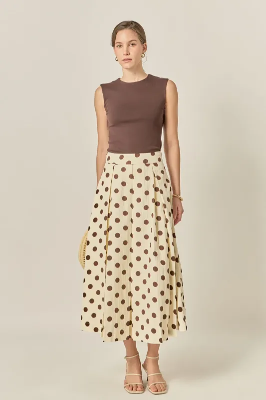 Polka Dot Pleated Midi Skirt sold by English Factory