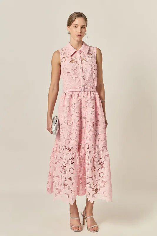 Lace Button-Front Sleeveless Midi Dress made by English Factory