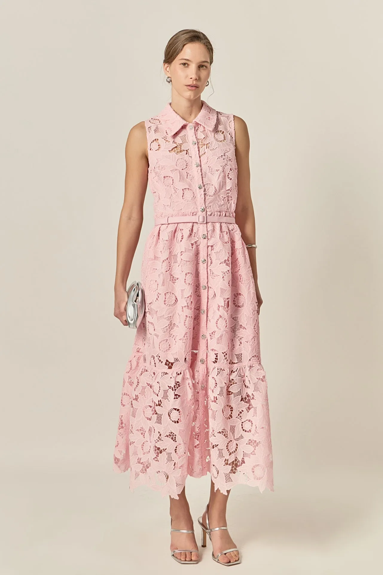 Lace Button-Front Sleeveless Midi Dress sold by English Factory