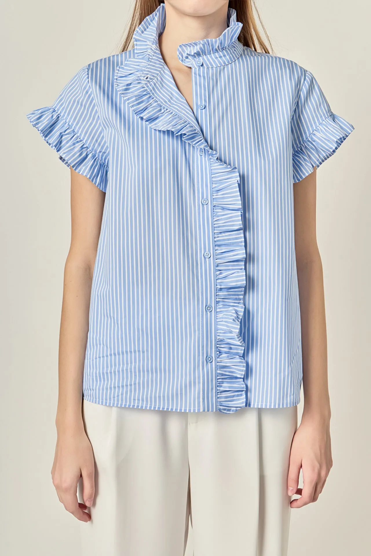 Ruffle Trim Striped Button-Up Shirt sold by English Factory product image thumbnail 3