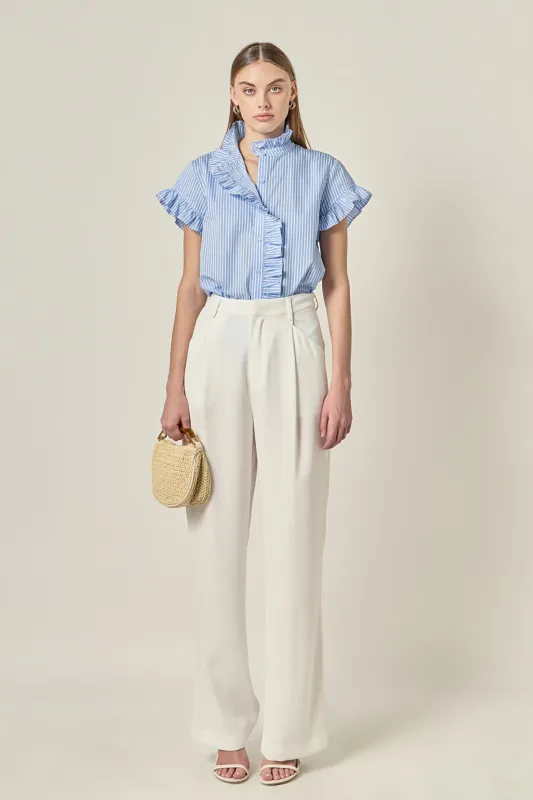 Ruffle Trim Striped Button-Up Shirt made by English Factory