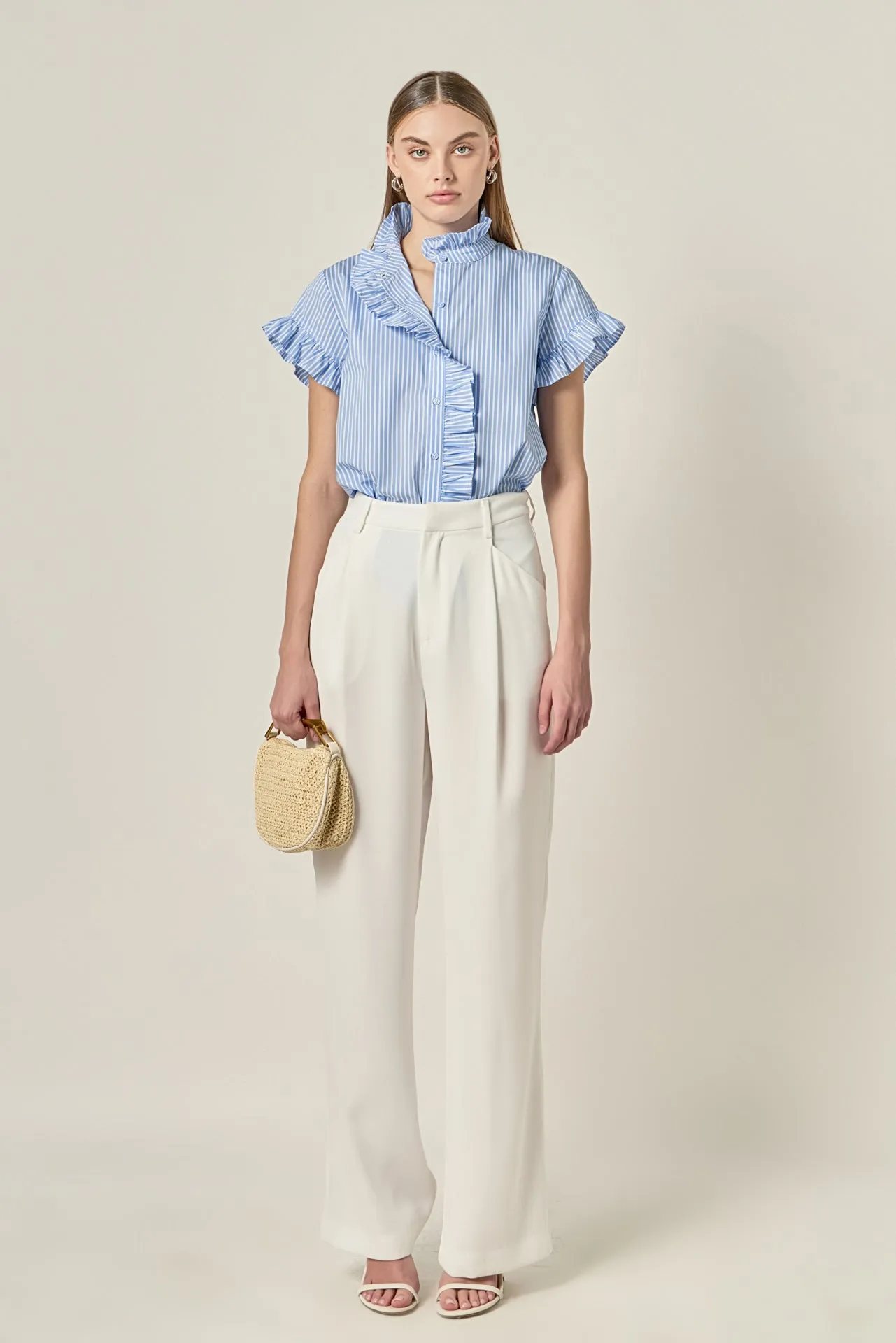 Ruffle Trim Striped Button-Up Shirt sold by English Factory