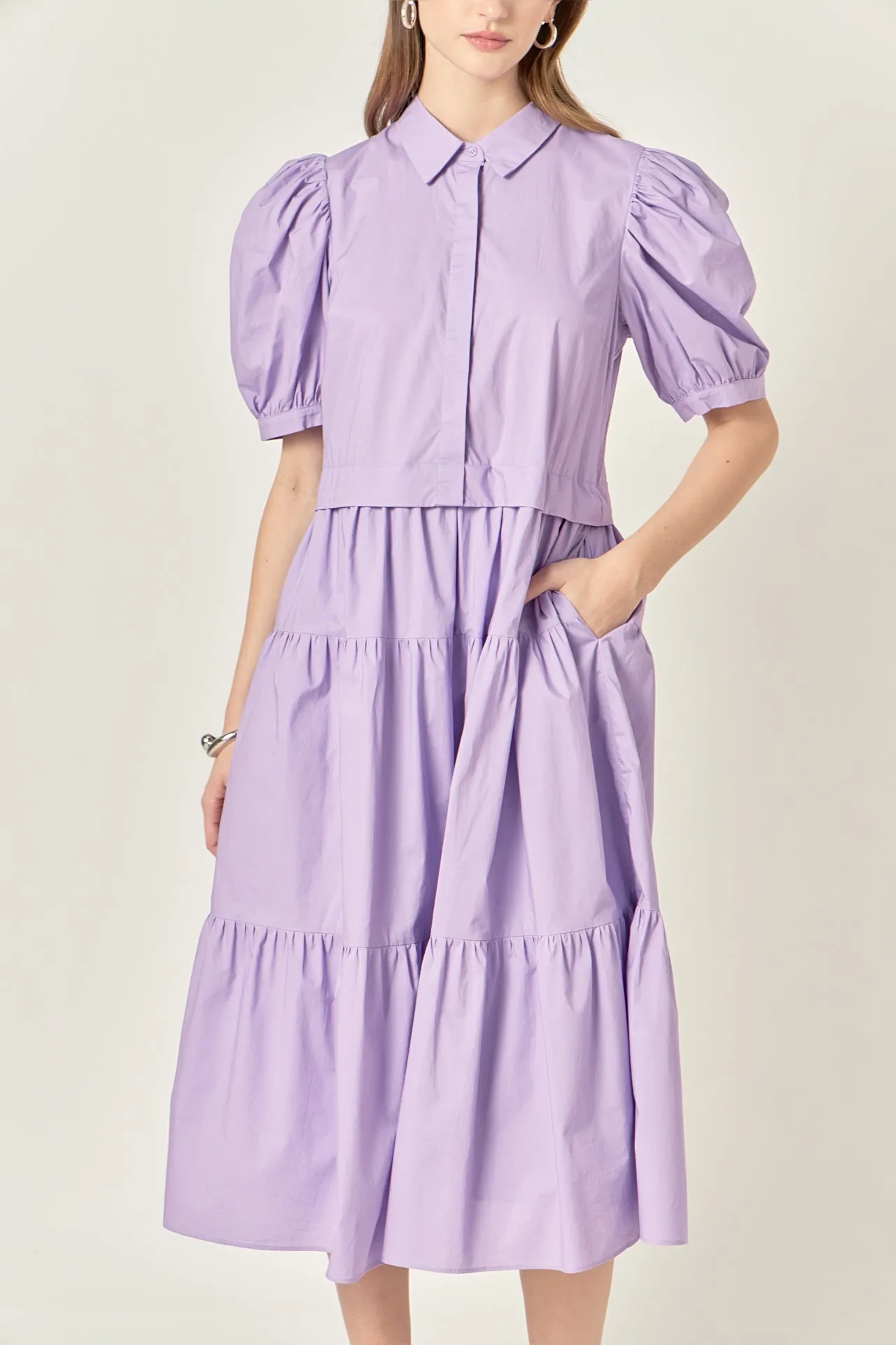 Button Closure Puff Sleeve Midi Dress sold by English Factory product image thumbnail 2
