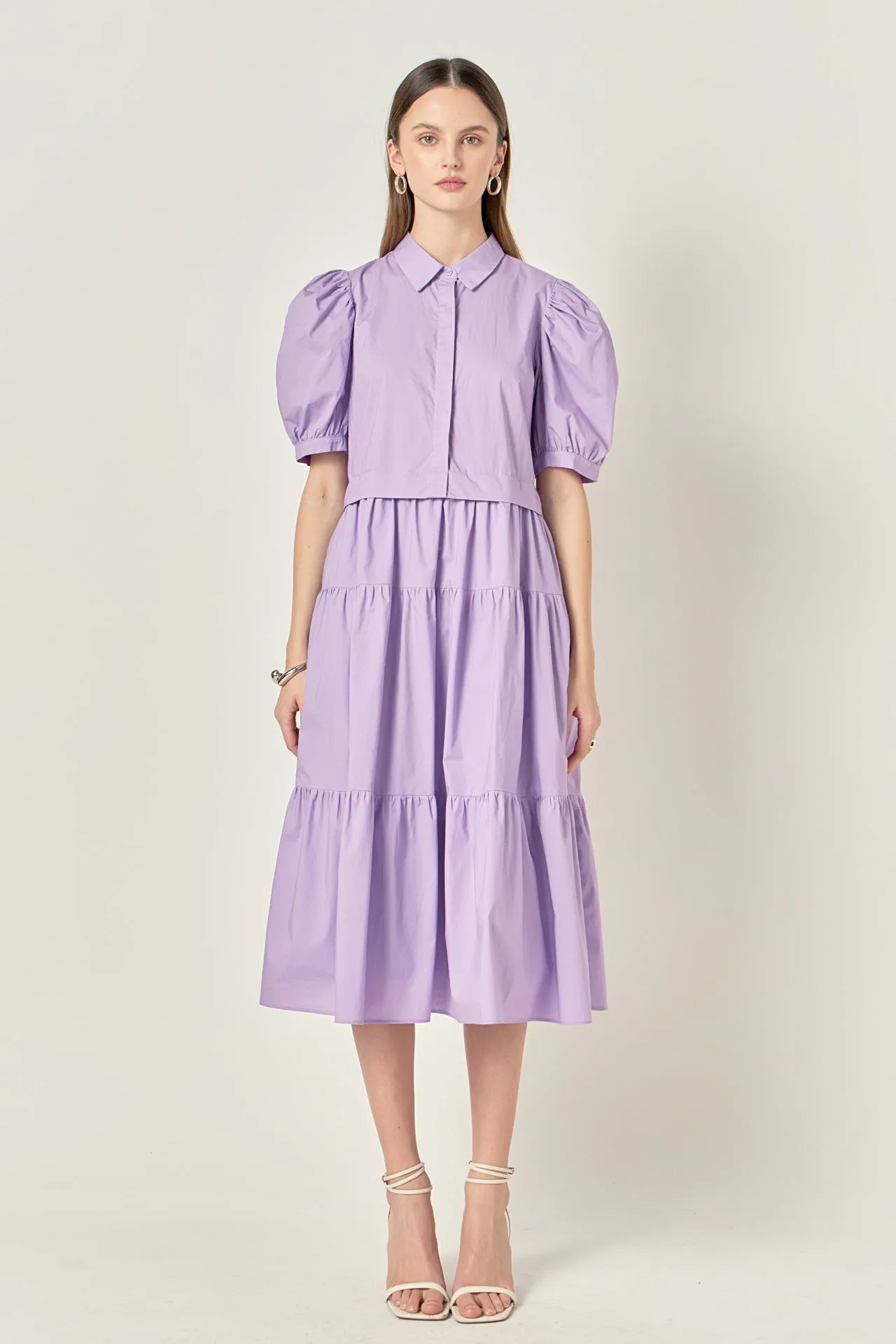 Button Closure Puff Sleeve Midi Dress sold by English Factory