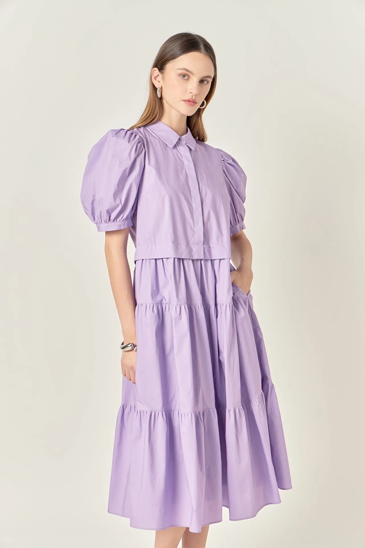 Button Closure Puff Sleeve Midi Dress sold by English Factory product image thumbnail 5