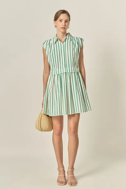 Emerald Stripe Pleated Shoulder Mini Dress made by English Factory