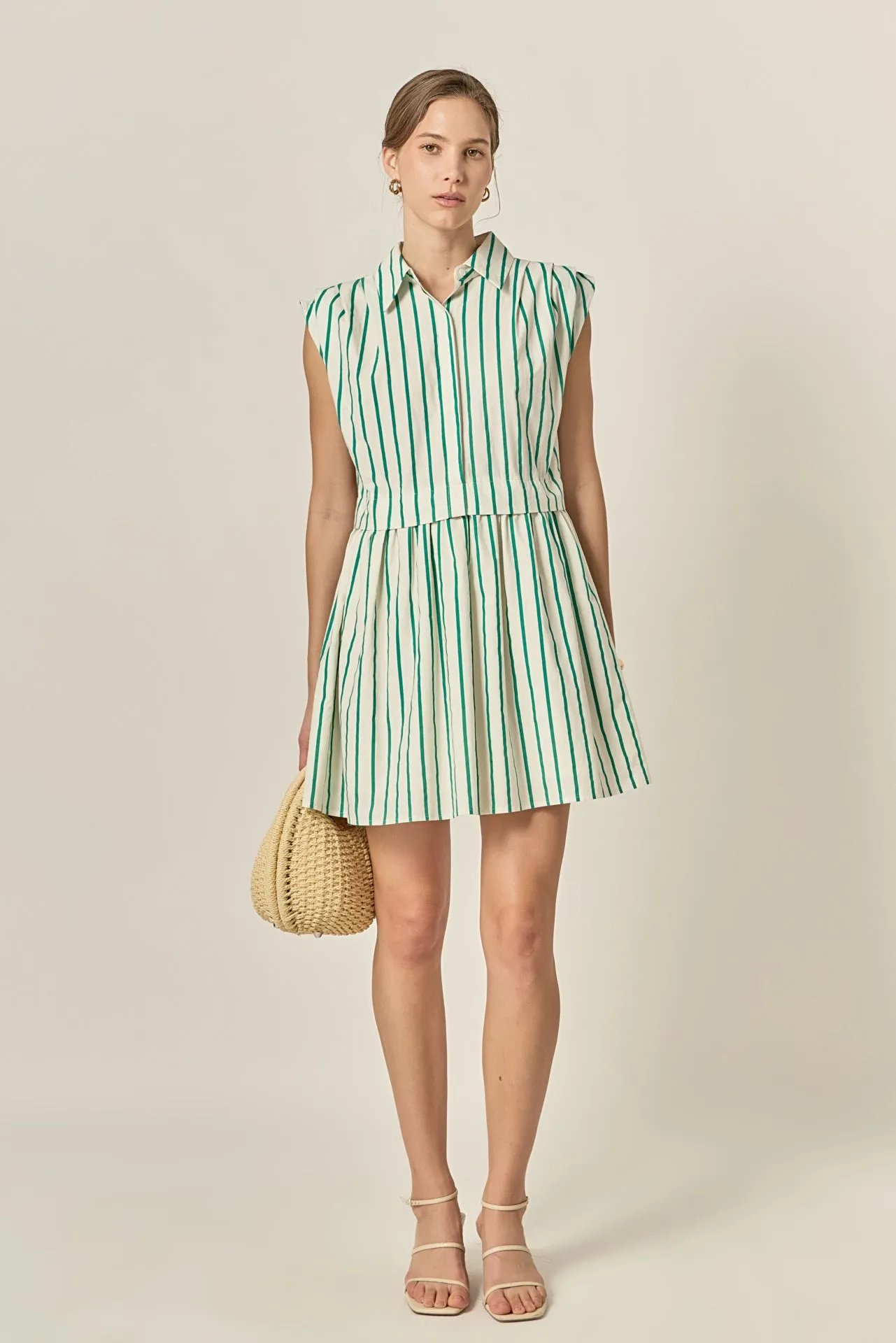 Emerald Stripe Pleated Shoulder Mini Dress sold by English Factory