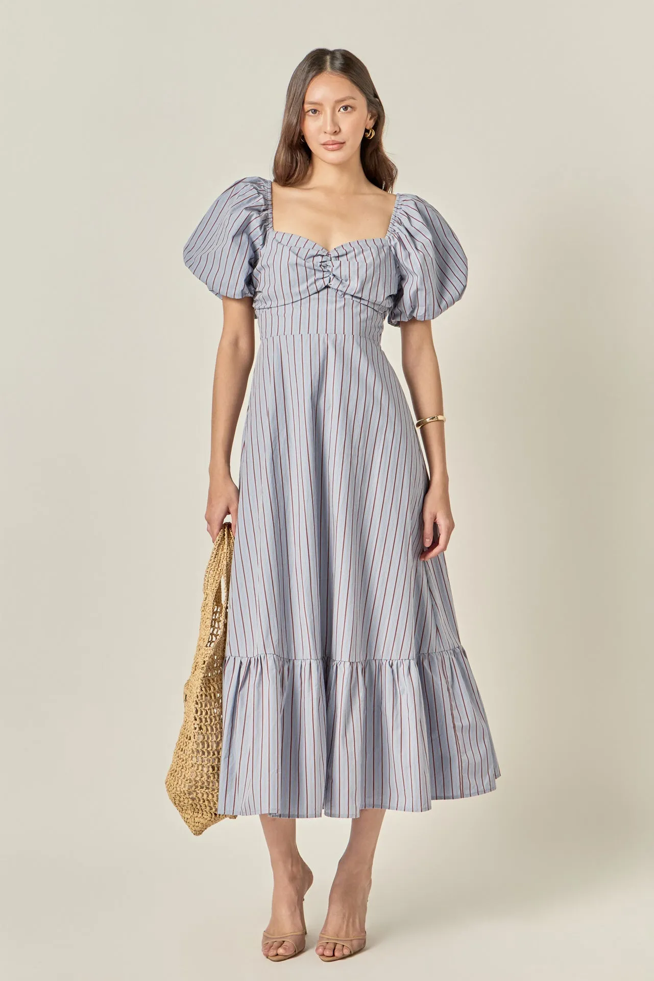 Striped Tie Back Puff Sleeve Maxi Dress sold by English Factory