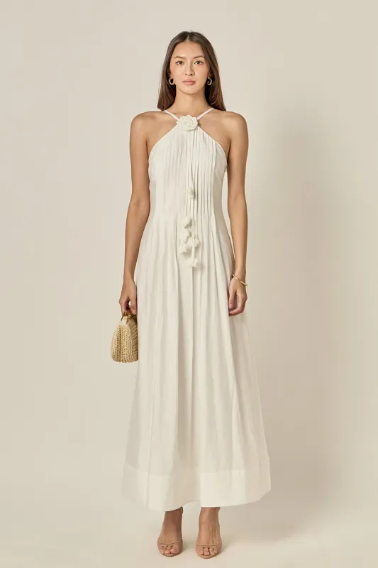 Crochet Flower Trim Halter Maxi Dress made by English Factory