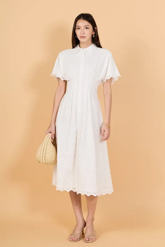 Eyelet Cinched Waist Midi Dress made by English Factory