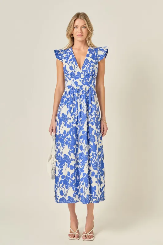 Floral Ruffle Shoulder Midi Dress made by English Factory