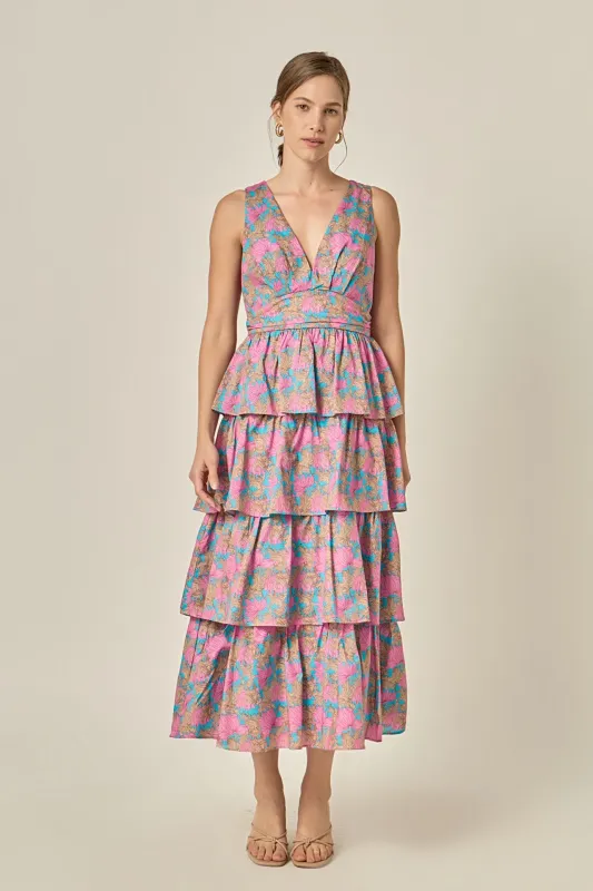 Floral Tiered V-Neck Maxi Dress made by English Factory