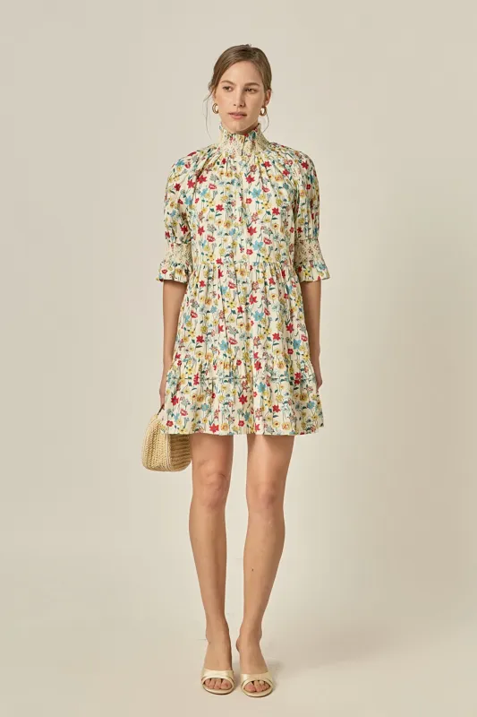 Smocked High Neck Puff Sleeve Mini Dress made by English Factory