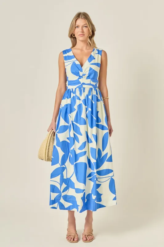 Puff Sleeve Print Ruched Midi Dress made by English Factory