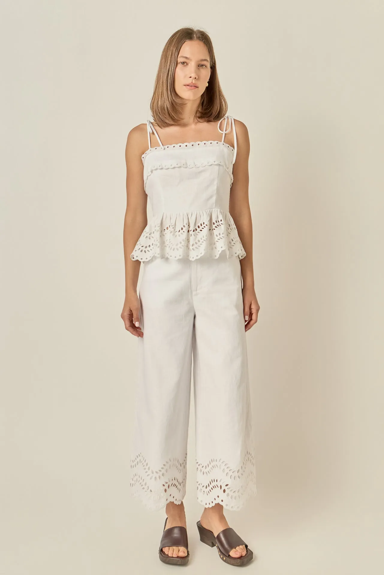 Eyelet Trim Linen Wide-Leg Pants sold by English Factory product image thumbnail 4