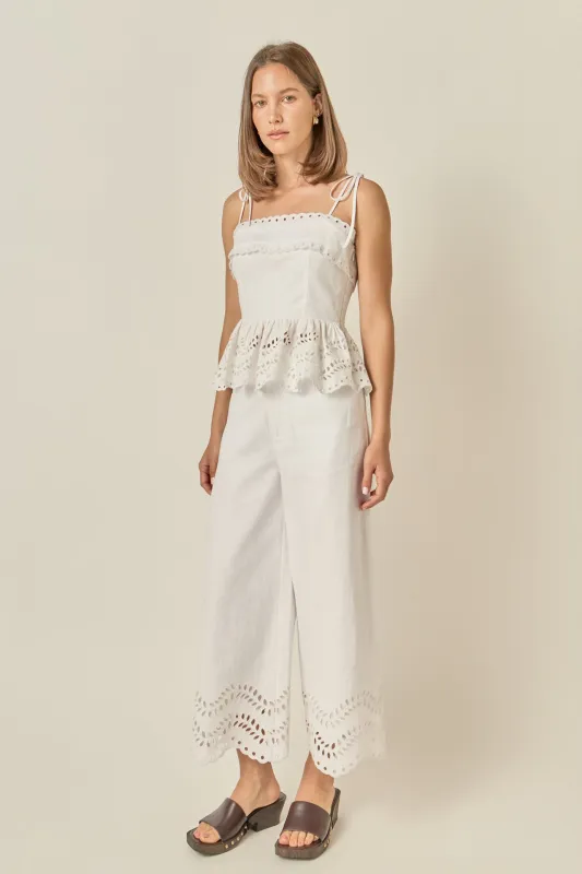 Eyelet Trim Linen Wide-Leg Pants made by English Factory