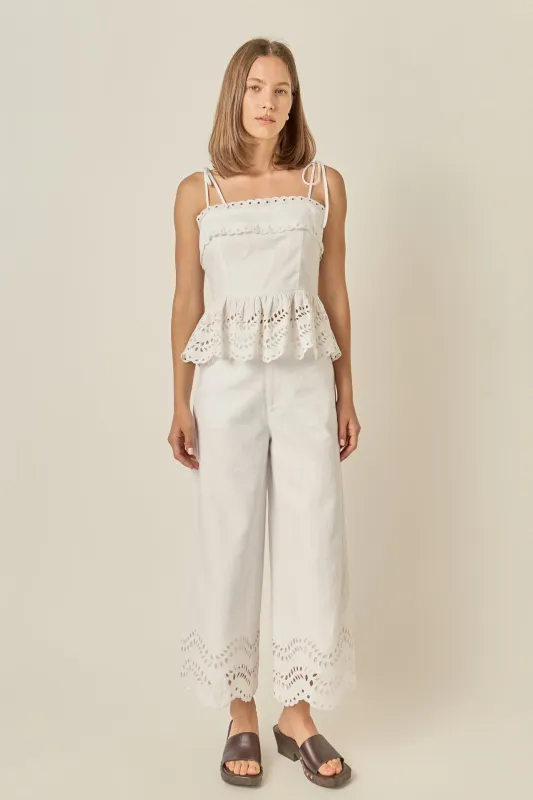 Eyelet Peplum Tie-Shoulder Top made by English Factory