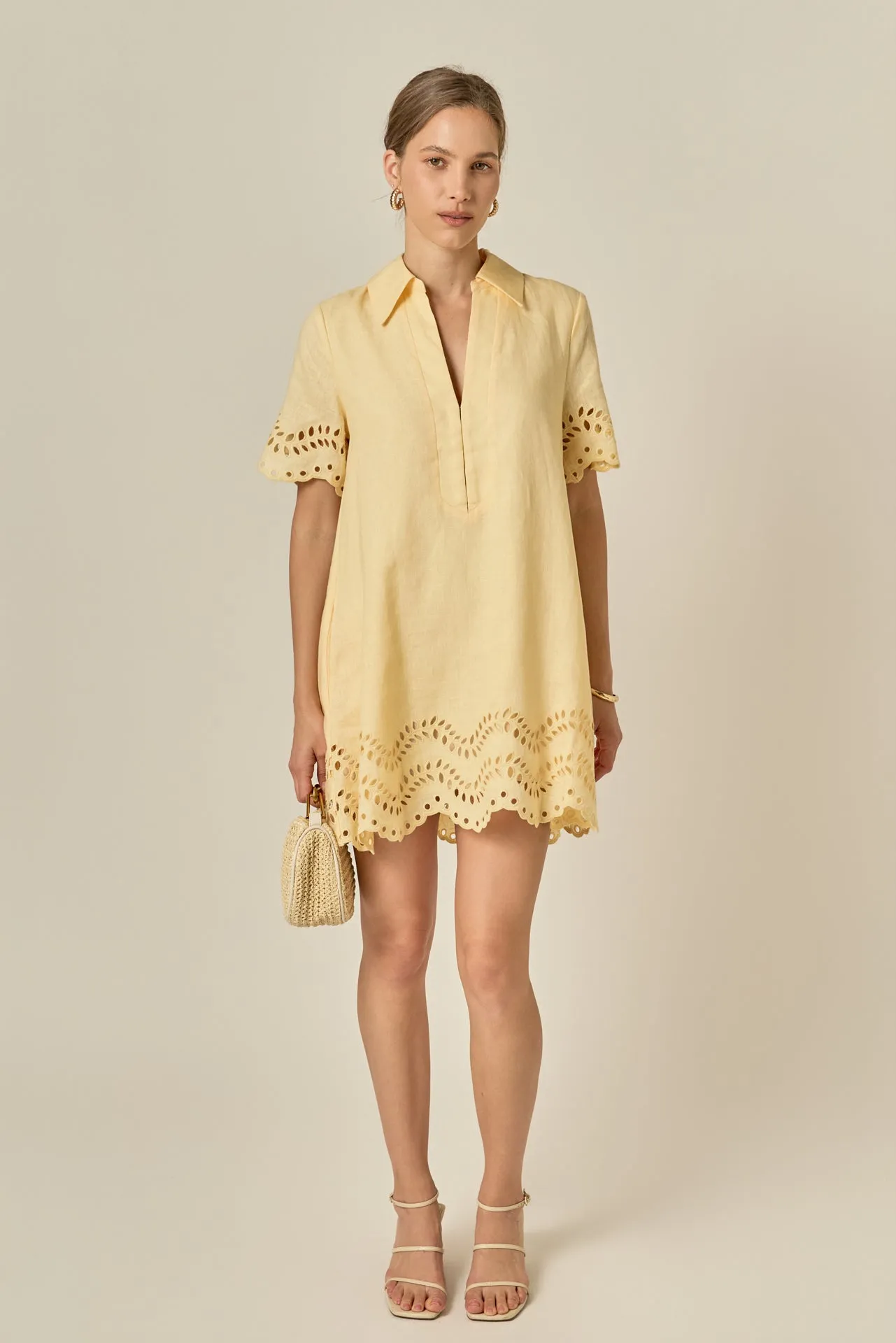 Eyelet Trim Linen Mini Dress sold by English Factory