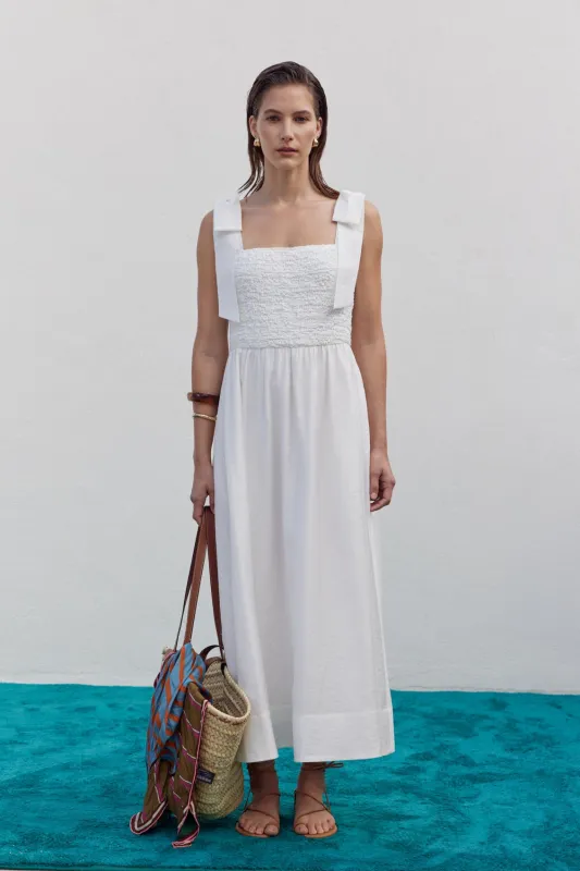 Smocked Bodice Bow Strap Midi Dress made by English Factory