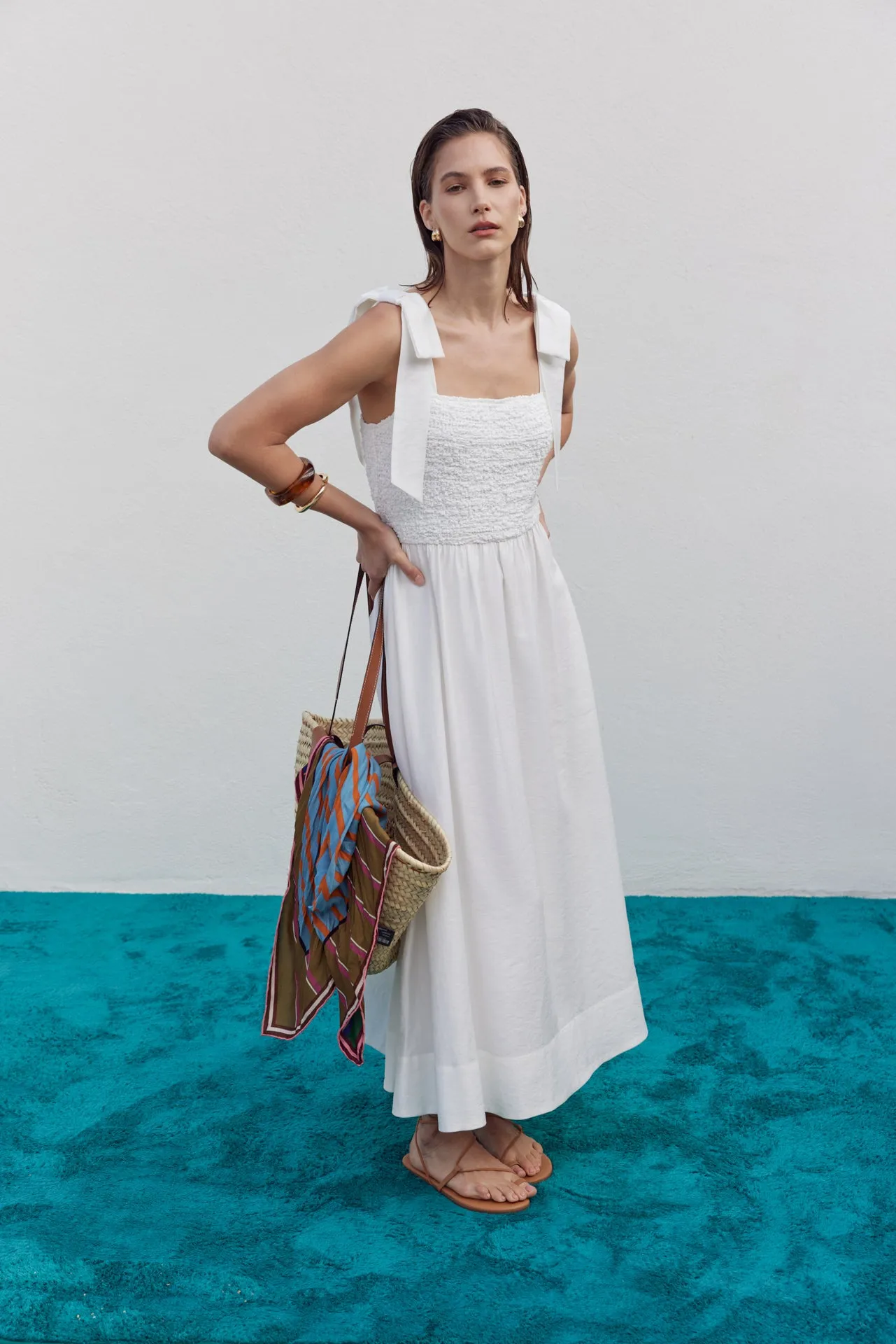 Smocked Bodice Bow Strap Midi Dress sold by English Factory product image thumbnail 5