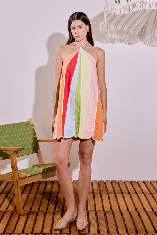 Colorblock Petal Halter Mini Dress made by English Factory